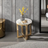 White Round Marble Top Side Table with Cross Gold Stainless Steel Frame